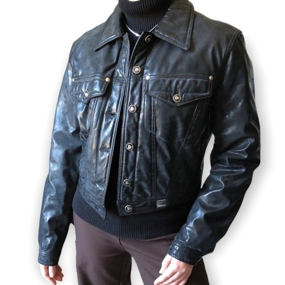 Versace Jean Moto Jacket Vintage Waxed Faux Leather Button Front Boyfriend M